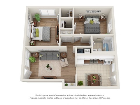 Floor plan for 2 beds, 1 bath, 740 sqft